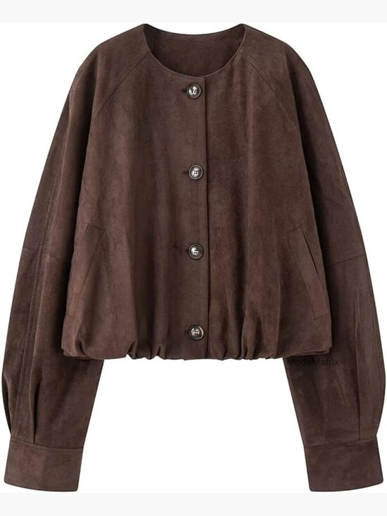 Jackets & Blazers - Oversized Faux Suede Button Jacket with Gathered Hem and Pockets